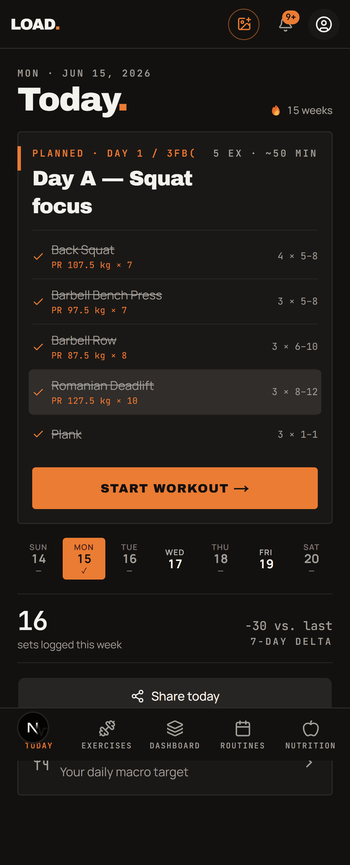 LOAD Today — your planned day and Start workout